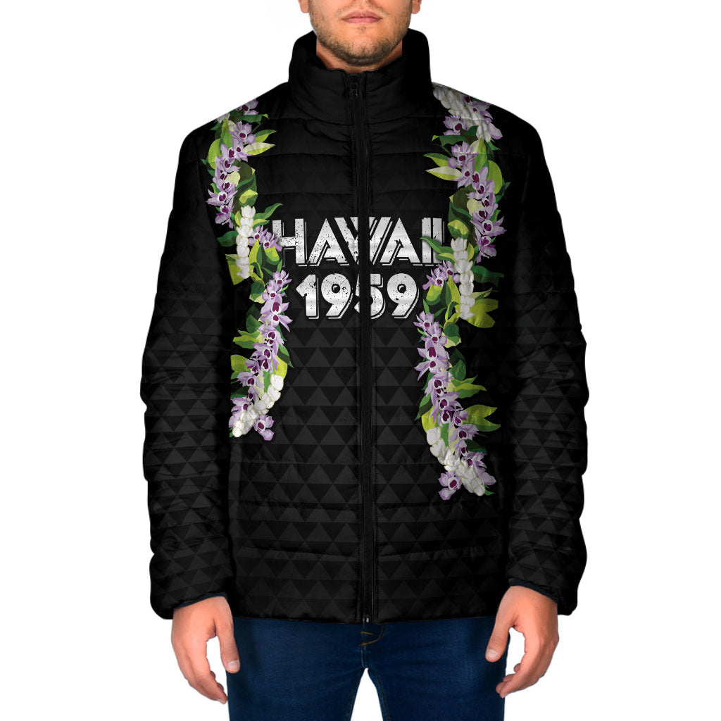 Hawaii Statehood Day Padded Jacket Kakau Pattern With Maile Pikake Honohono Lei LT05 Men Black - Polynesian Pride