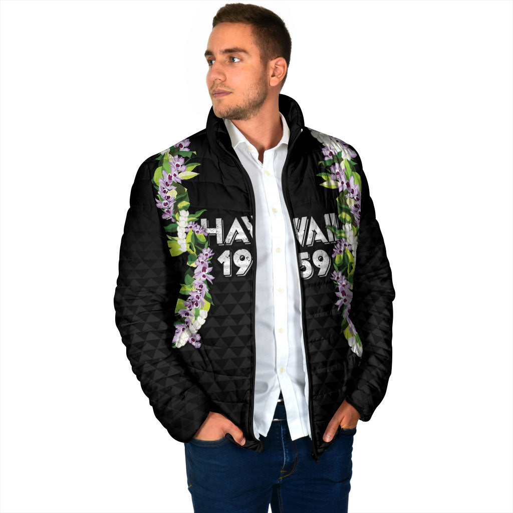 Hawaii Statehood Day Padded Jacket Kakau Pattern With Maile Pikake Honohono Lei