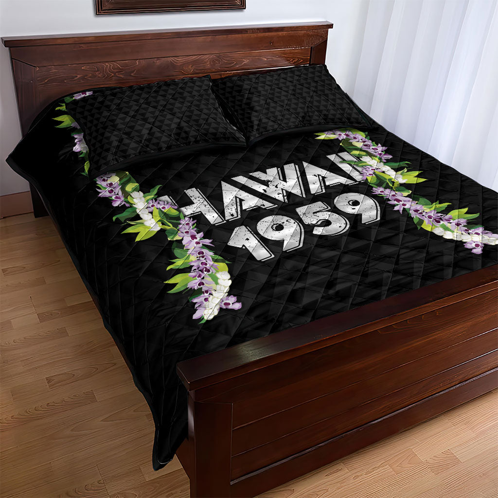 Hawaii Statehood Day Quilt Bed Set Kakau Pattern With Maile Pikake Honohono Lei