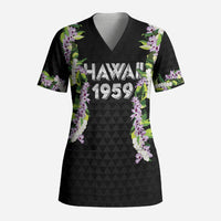 Hawaii Statehood Day Scrub Top Kakau Pattern With Maile Pikake Honohono Lei