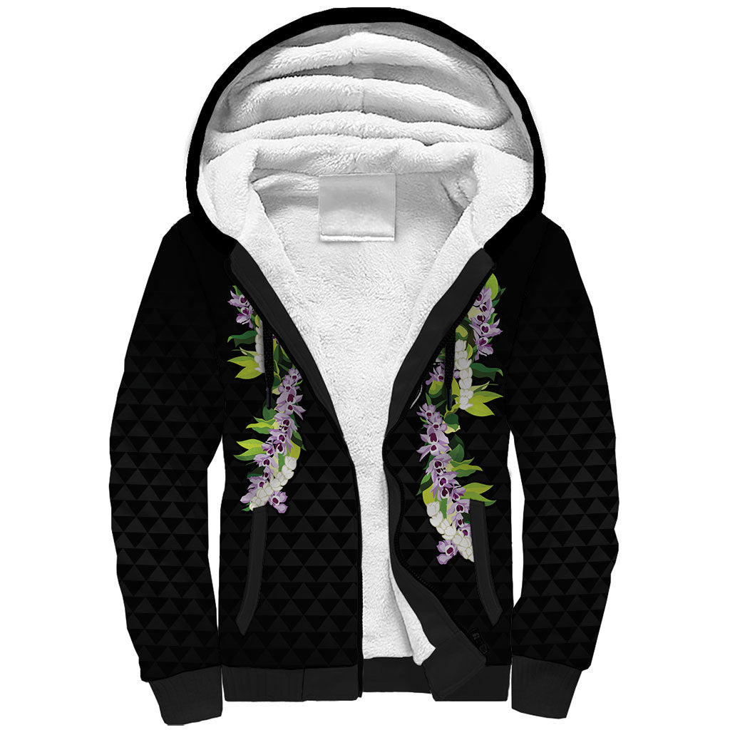 Hawaii Statehood Day Sherpa Hoodie Kakau Pattern With Maile Pikake Honohono Lei
