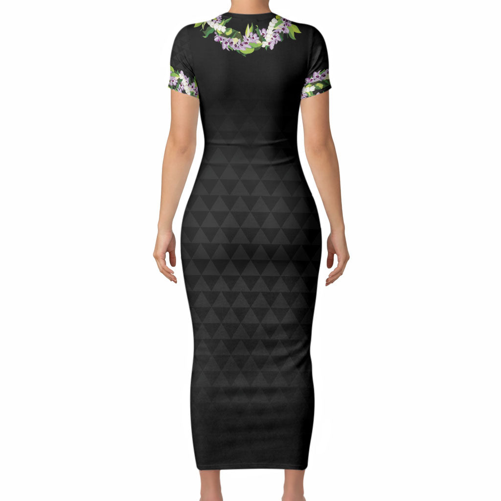 Hawaii Statehood Day Short Sleeve Bodycon Dress Kakau Pattern With Maile Pikake Honohono Lei