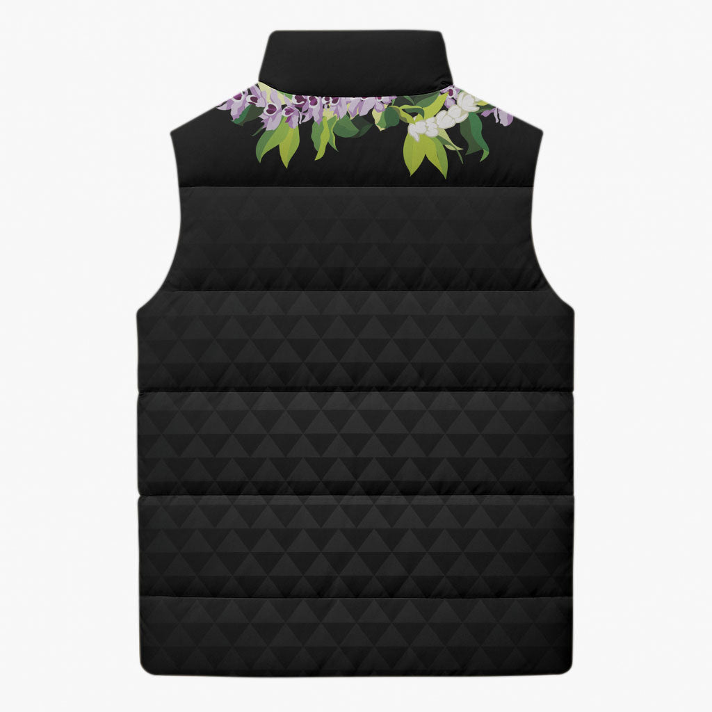 Hawaii Statehood Day Sleeveless Puffer Jacket Kakau Pattern With Maile Pikake Honohono Lei