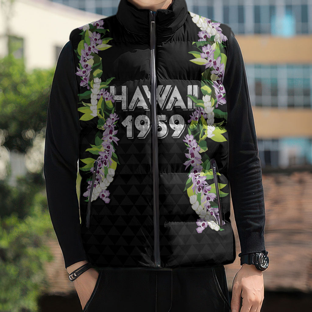 Hawaii Statehood Day Sleeveless Puffer Jacket Kakau Pattern With Maile Pikake Honohono Lei