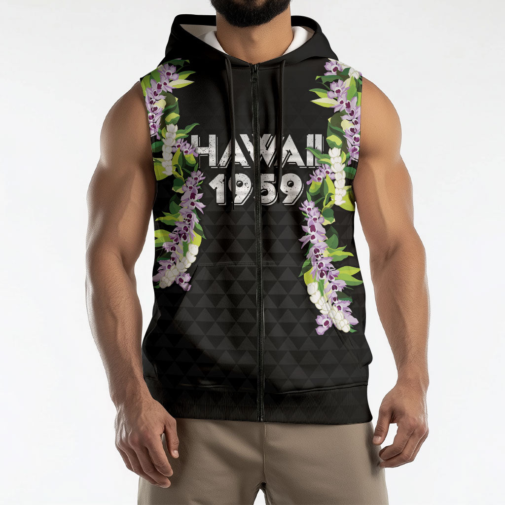 Hawaii Statehood Day Sleeveless Zip Hoodie Kakau Pattern With Maile Pikake Honohono Lei