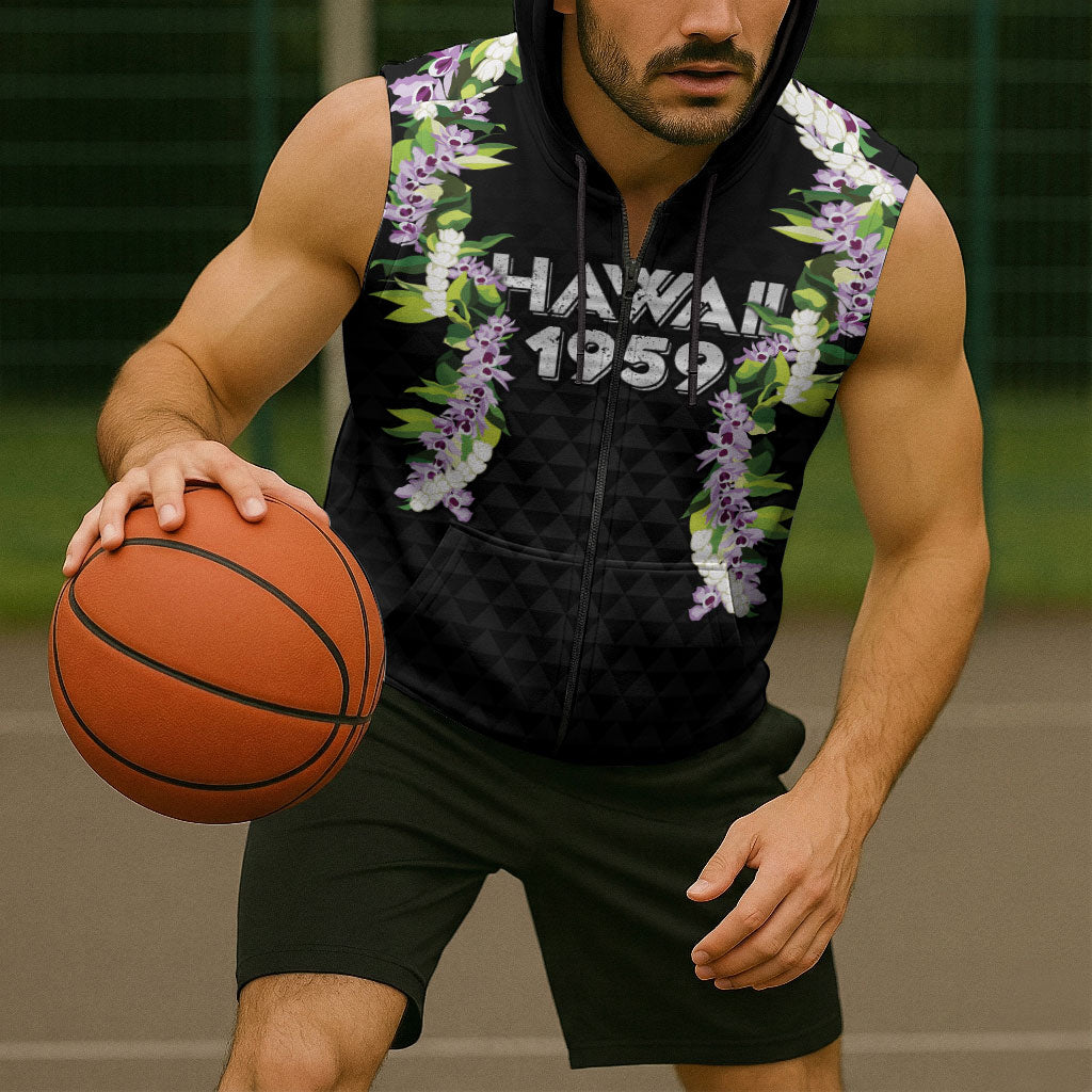 Hawaii Statehood Day Sleeveless Zip Hoodie Kakau Pattern With Maile Pikake Honohono Lei