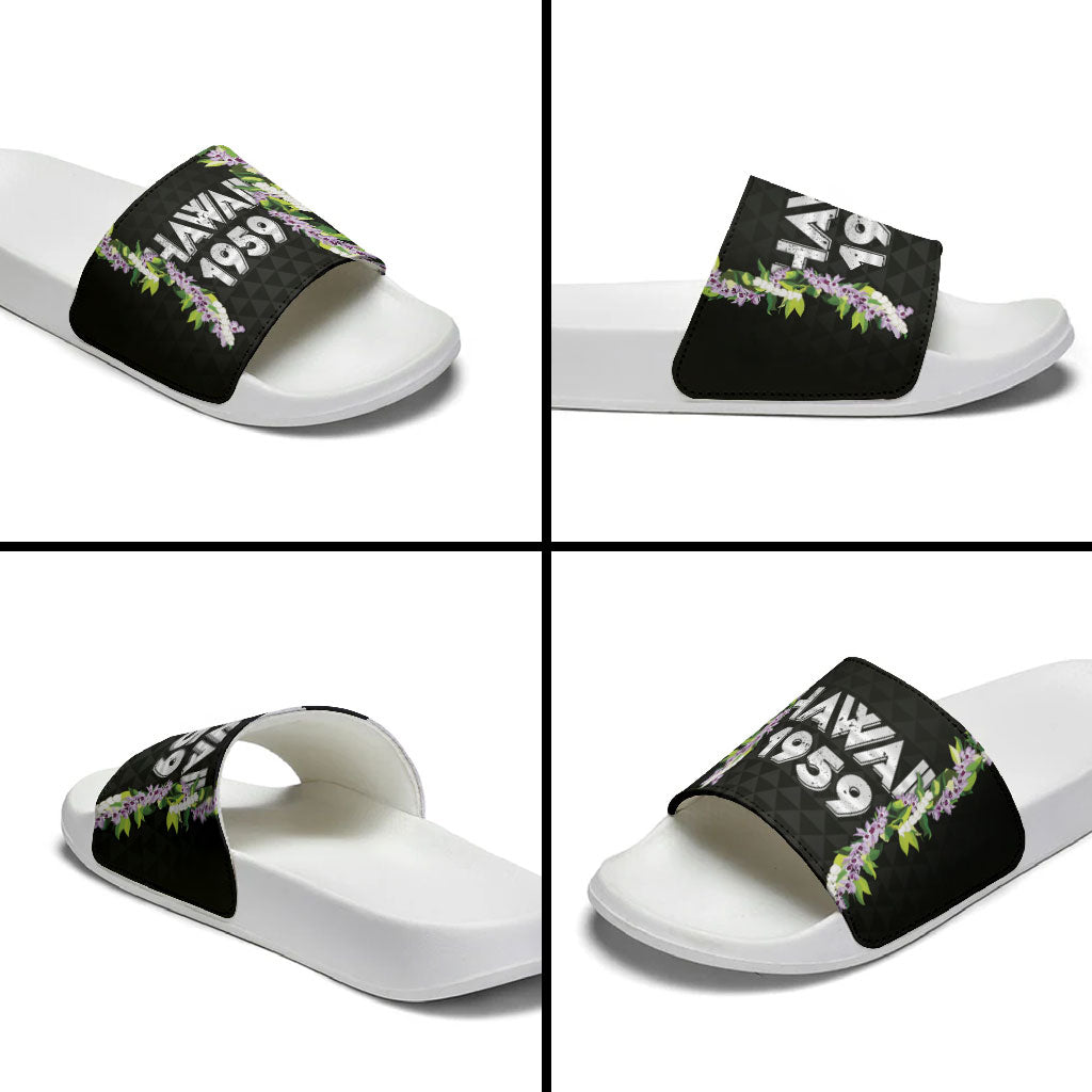 Hawaii Statehood Day Slide Sandals Kakau Pattern With Maile Pikake Honohono Lei