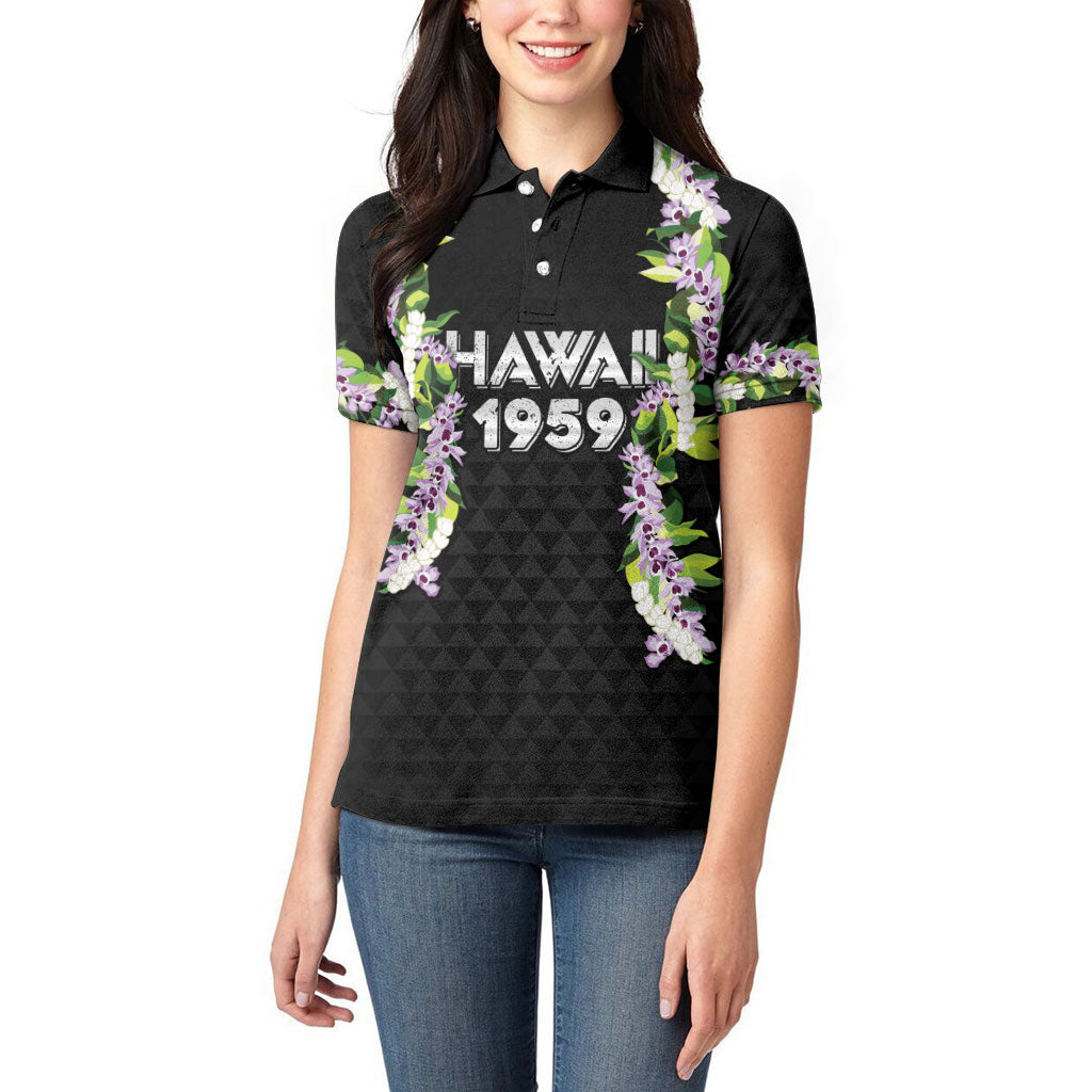Hawaii Statehood Day Women Polo Shirt Kakau Pattern With Maile Pikake Honohono Lei