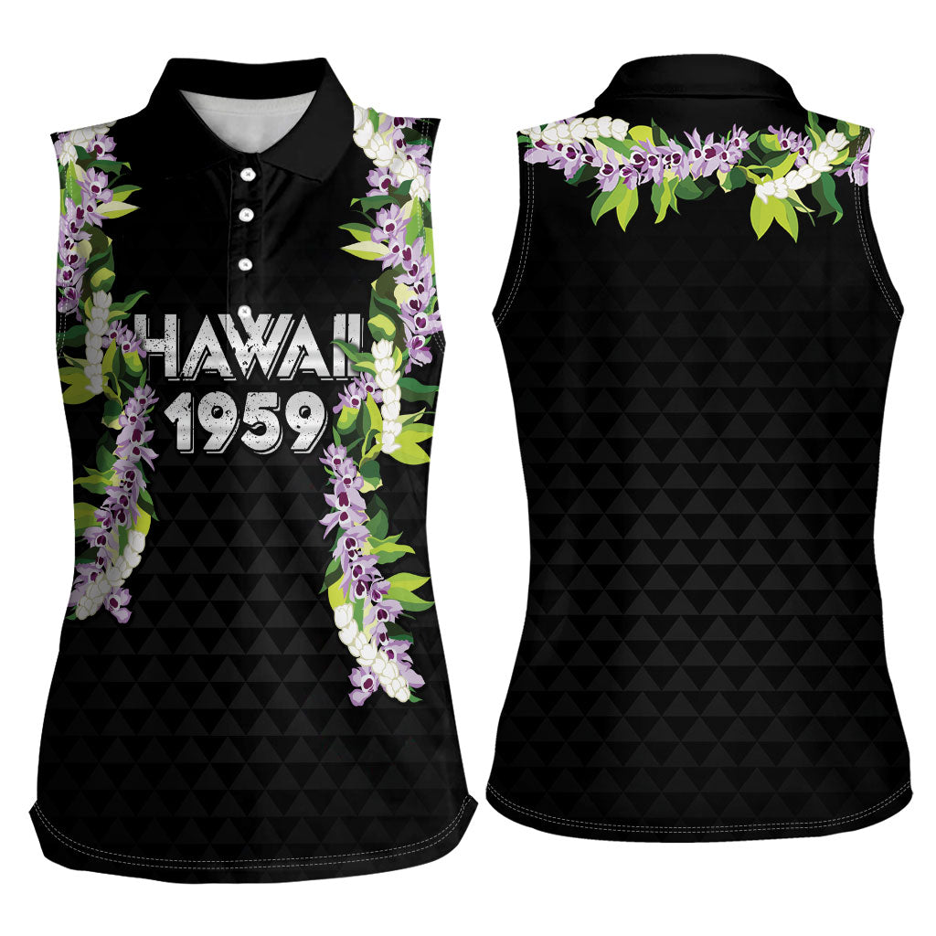 Hawaii Statehood Day Women Sleeveless Polo Shirt Kakau Pattern With Maile Pikake Honohono Lei