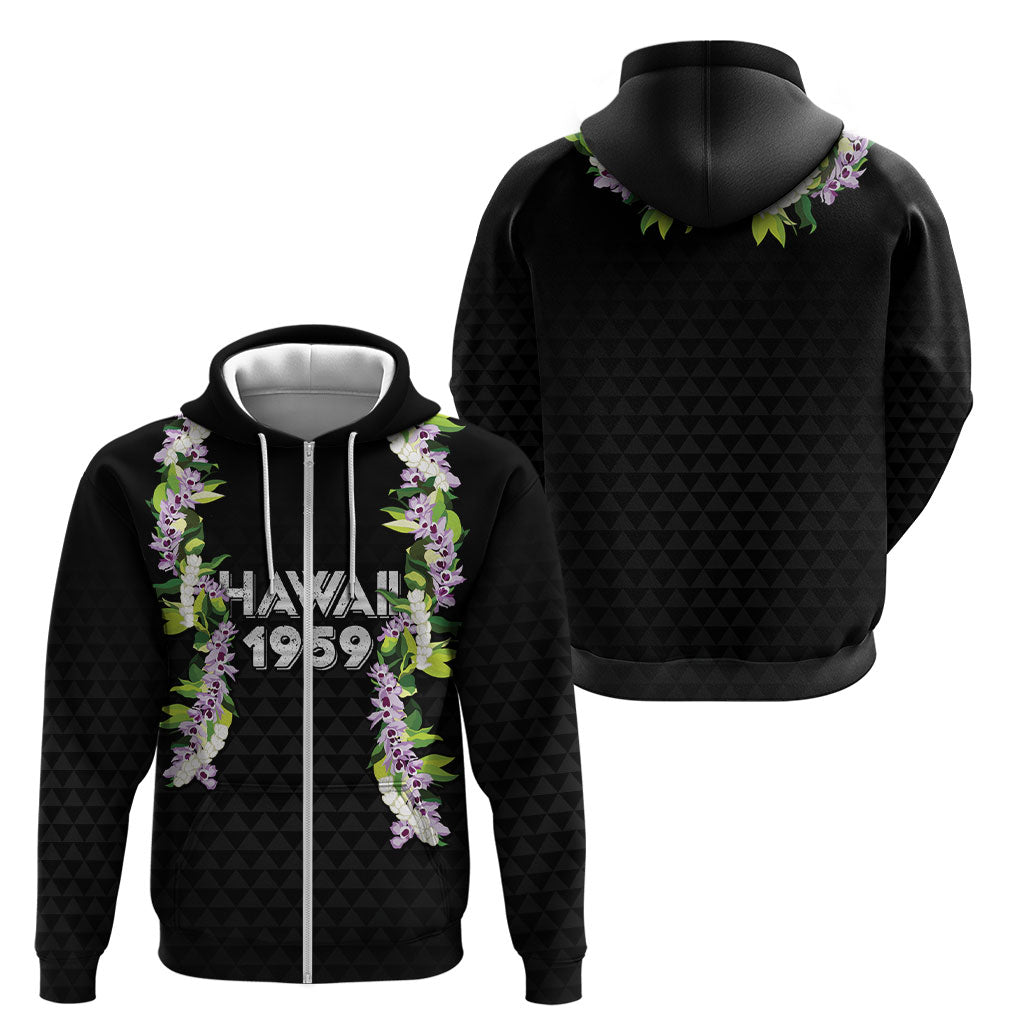 Hawaii Statehood Day Zip Hoodie Kakau Pattern With Maile Pikake Honohono Lei