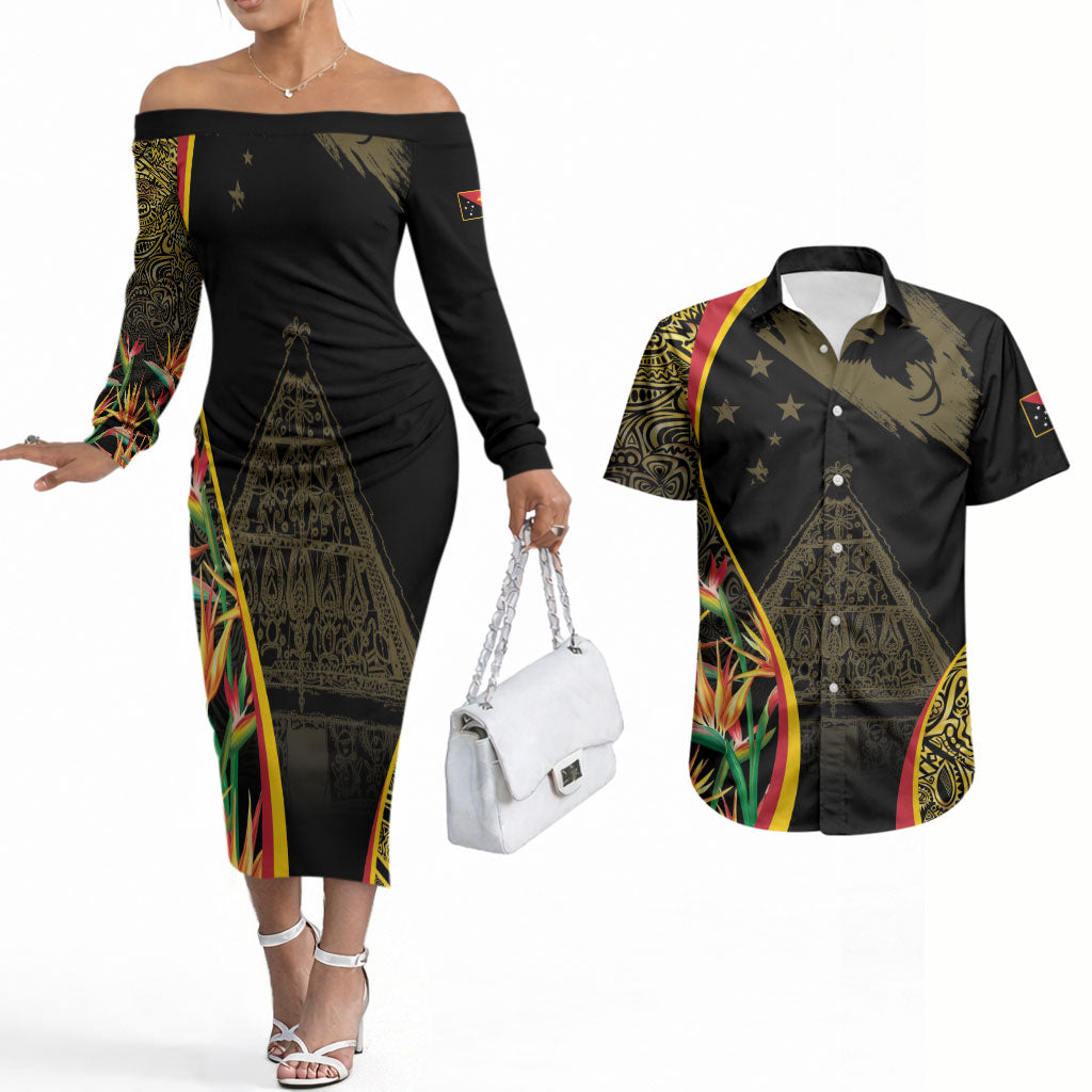 Papua New Guinea Hapi De Bilong Indipendens Couples Matching Off The Shoulder Long Sleeve Dress and Hawaiian Shirt Special Style LT05 Black - Polynesian Pride