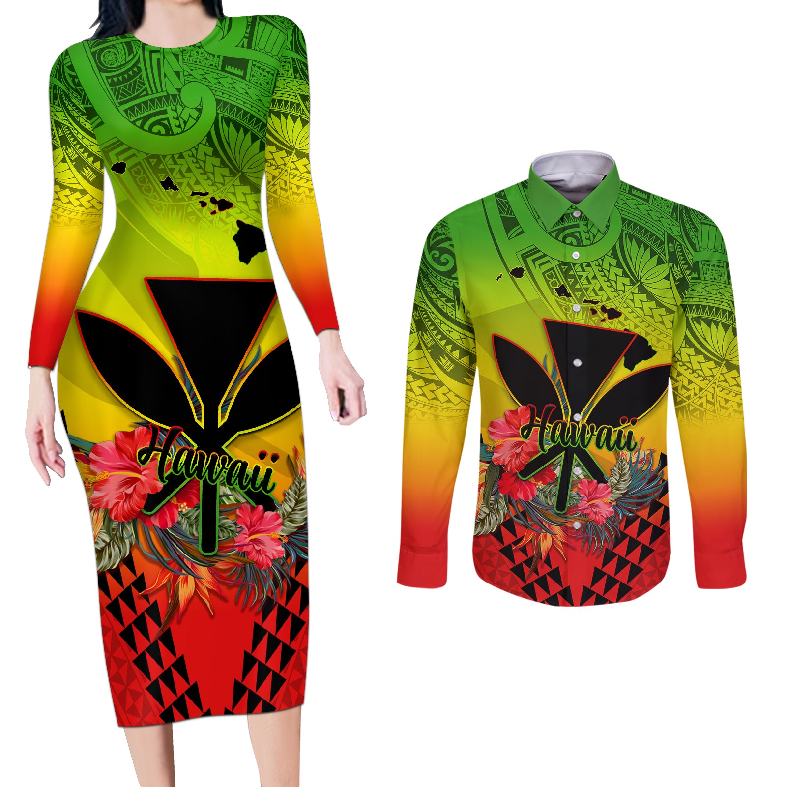 Personalized Hawaii Couples Matching Long Sleeve Bodycon Dress and Long Sleeve Button Shirts Kakau Kanaka Maoli With Hibiscus Flowers LT05 Reggae - Polynesian Pride