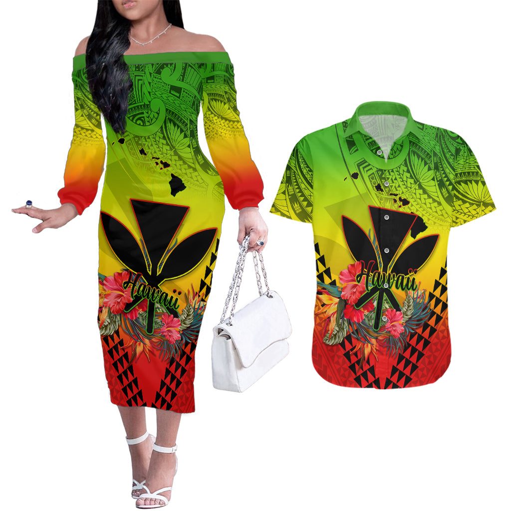 Personalized Hawaii Couples Matching Off The Shoulder Long Sleeve Dress and Hawaiian Shirt Kakau Kanaka Maoli With Hibiscus Flowers LT05 Reggae - Polynesian Pride