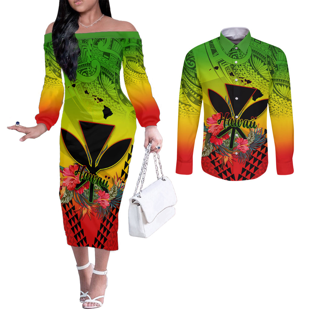 Personalized Hawaii Couples Matching Off The Shoulder Long Sleeve Dress and Long Sleeve Button Shirts Kakau Kanaka Maoli With Hibiscus Flowers LT05 Reggae - Polynesian Pride