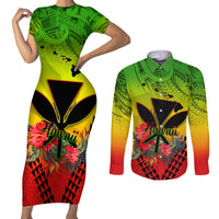 Personalized Hawaii Couples Matching Short Sleeve Bodycon Dress and Long Sleeve Button Shirts Kakau Kanaka Maoli With Hibiscus Flowers LT05 Reggae - Polynesian Pride