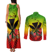 Personalized Hawaii Couples Matching Tank Maxi Dress and Long Sleeve Button Shirts Kakau Kanaka Maoli With Hibiscus Flowers LT05 - Polynesian Pride