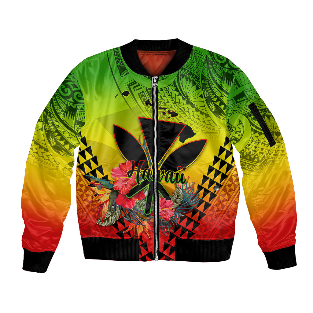 Personalized Hawaii Sleeve Zip Bomber Jacket Kakau Kanaka Maoli With Hibiscus Flowers LT05 Unisex Reggae - Polynesian Pride