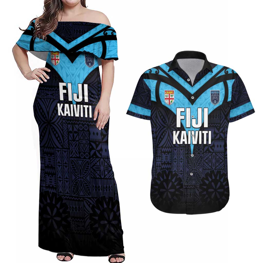 Custom Fiji Kaiviti Rugby Couples Matching Off Shoulder Maxi Dress and Hawaiian Shirt Fiji Tapa Pattern