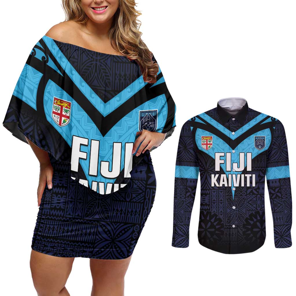 Custom Fiji Kaiviti Rugby Couples Matching Off Shoulder Short Dress and Long Sleeve Button Shirt Fiji Tapa Pattern