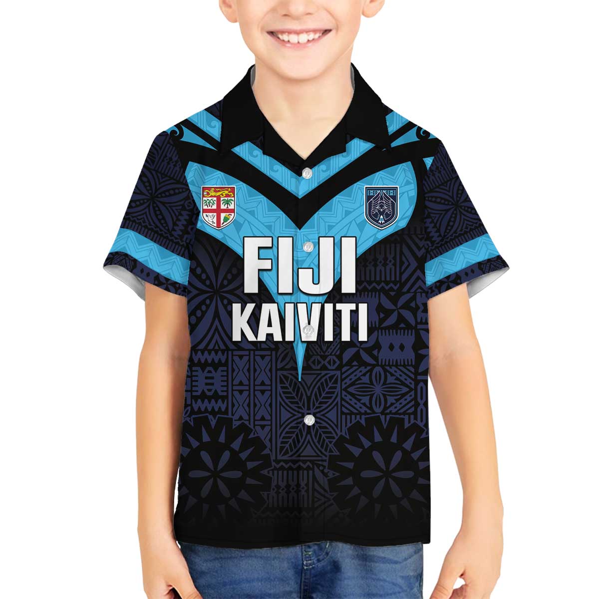 Custom Fiji Kaiviti Rugby Family Matching Off Shoulder Short Dress and Hawaiian Shirt Fiji Tapa Pattern