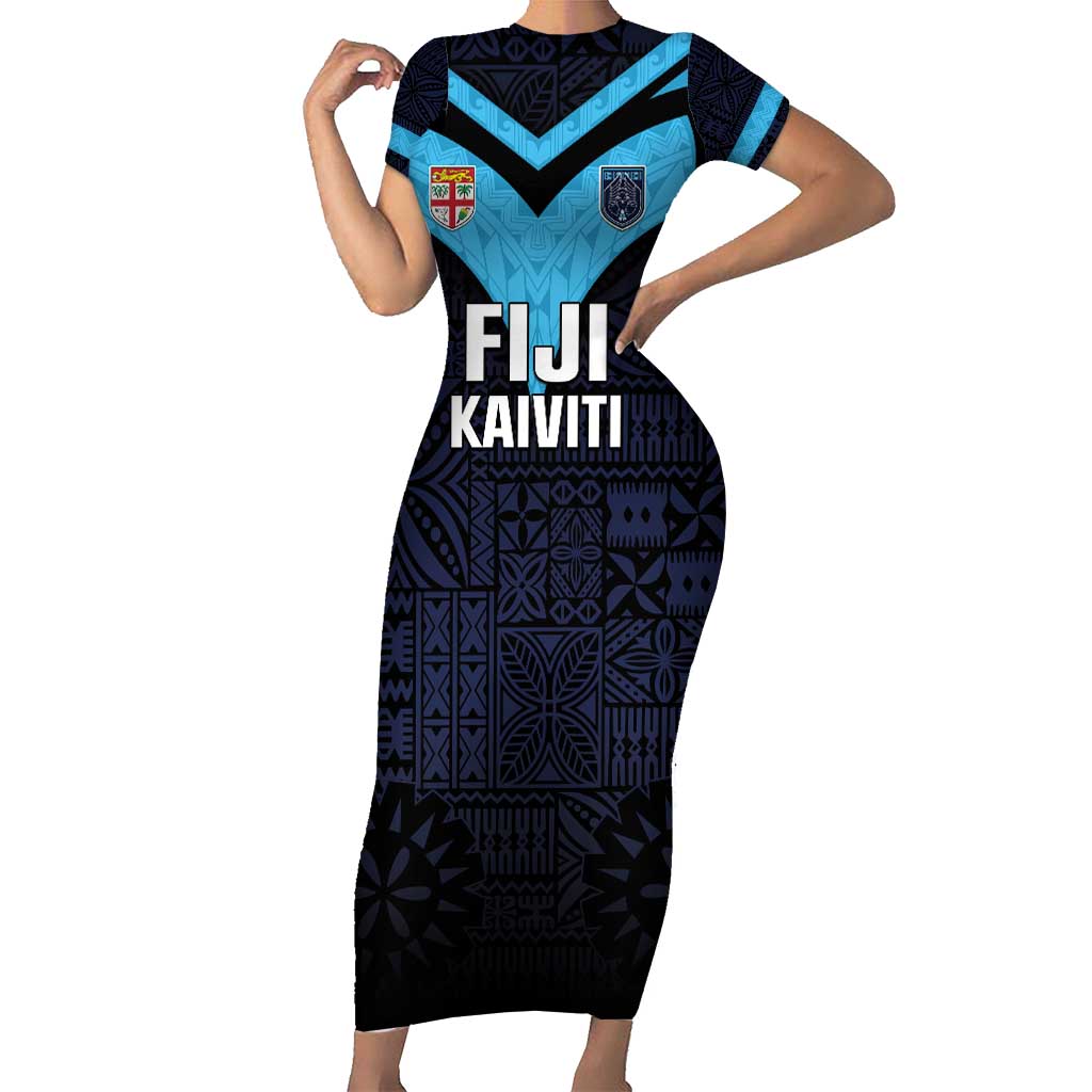 Custom Fiji Kaiviti Rugby Family Matching Short Sleeve Bodycon Dress and Hawaiian Shirt Fiji Tapa Pattern