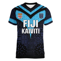 Custom Fiji Kaiviti Rugby Women V-Neck T-Shirt Fiji Tapa Pattern LT05 Female Blue - Polynesian Pride