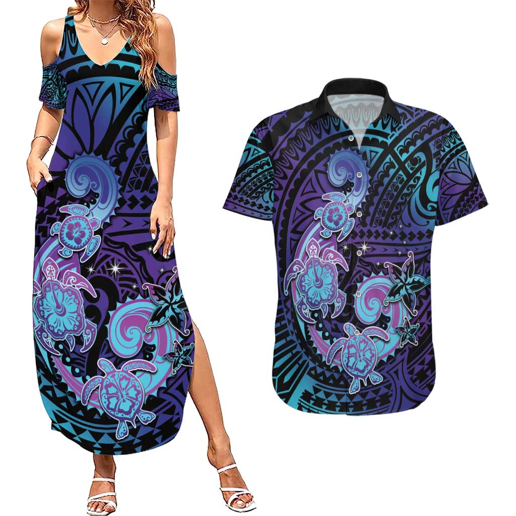 Hawaii Makahiki Turtle Couples Matching Summer Maxi Dress and Hawaiian Shirt Spiral Polynesian Tattoo