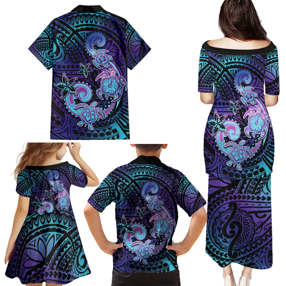 Hawaii Makahiki Turtle Family Matching Puletasi and Hawaiian Shirt Spiral Polynesian Tattoo LT05 - Polynesian Pride