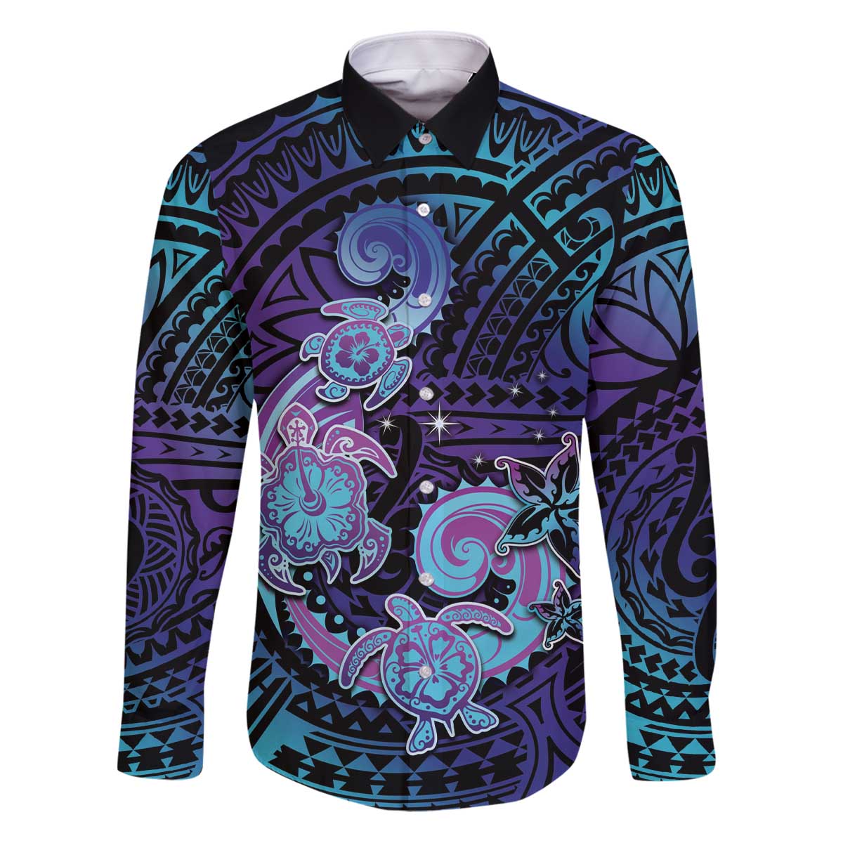Hawaii Makahiki Turtle Family Matching Puletasi and Hawaiian Shirt Spiral Polynesian Tattoo LT05 Dad's Shirt - Long Sleeve Purple - Polynesian Pride