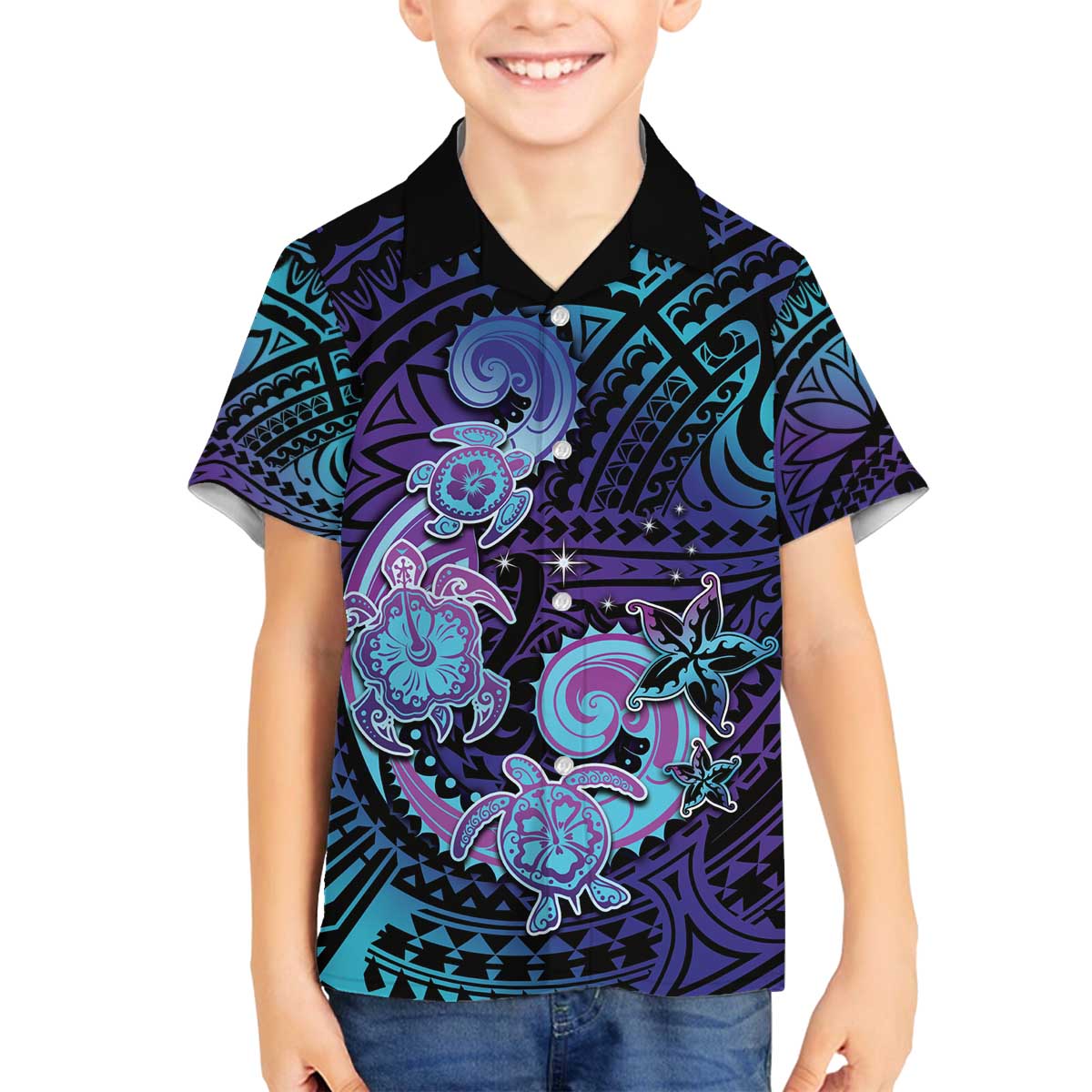 Hawaii Makahiki Turtle Family Matching Puletasi and Hawaiian Shirt Spiral Polynesian Tattoo LT05 Son's Shirt Purple - Polynesian Pride