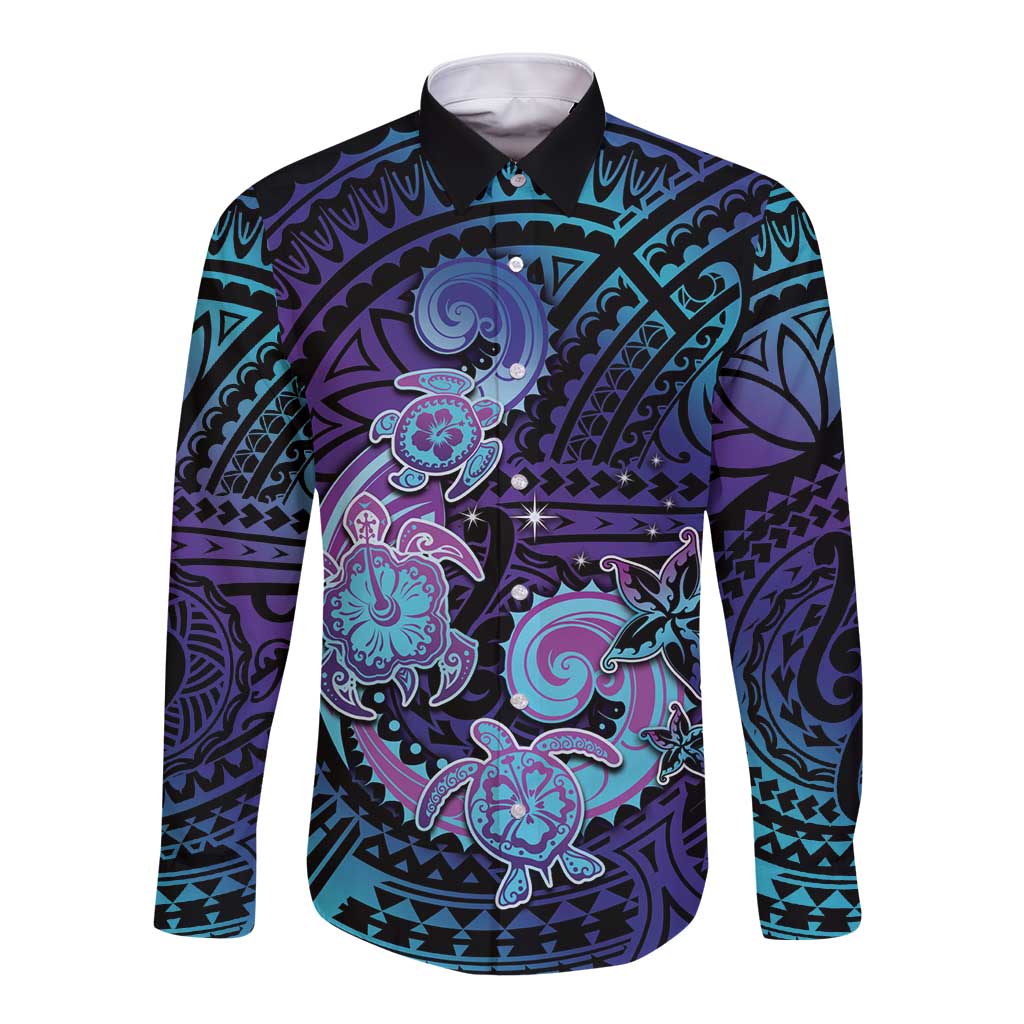 Hawaii Makahiki Turtle Long Sleeve Button Shirt Spiral Polynesian Tattoo LT05 Unisex Purple - Polynesian Pride