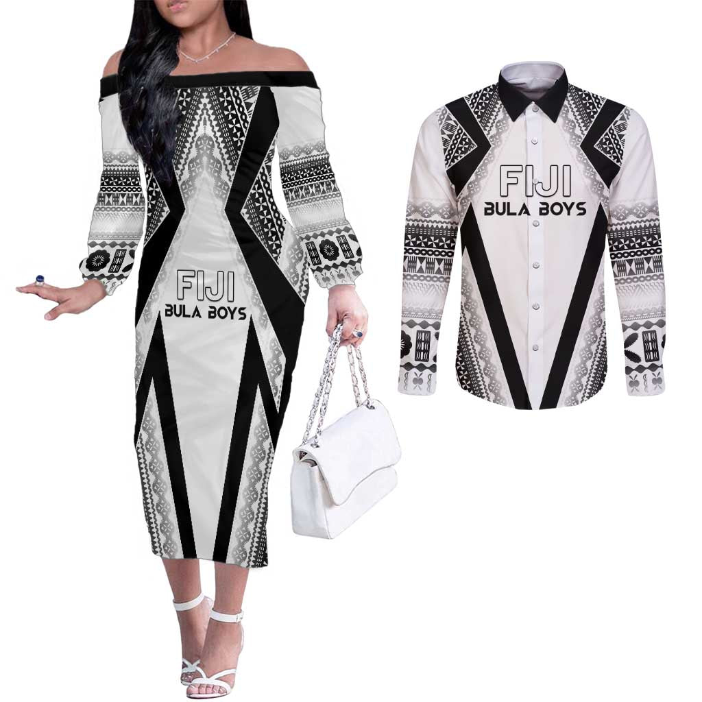 Custom Bula Fiji Football Couples Matching Off The Shoulder Long Sleeve Dress and Long Sleeve Button Shirt Go Champions - Polynesian Pride