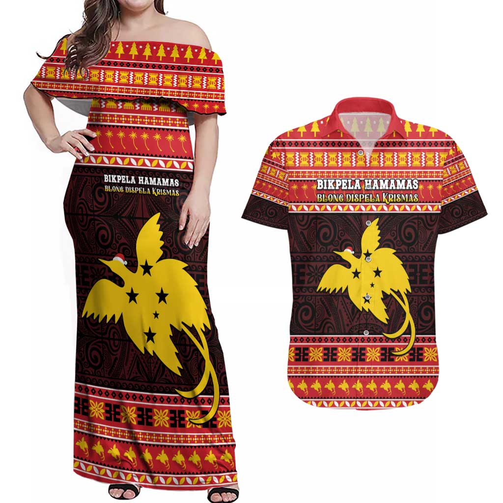 Papua New Guinea Christmas Couples Matching Off Shoulder Maxi Dress and Hawaiian Shirt Santa Raggiana