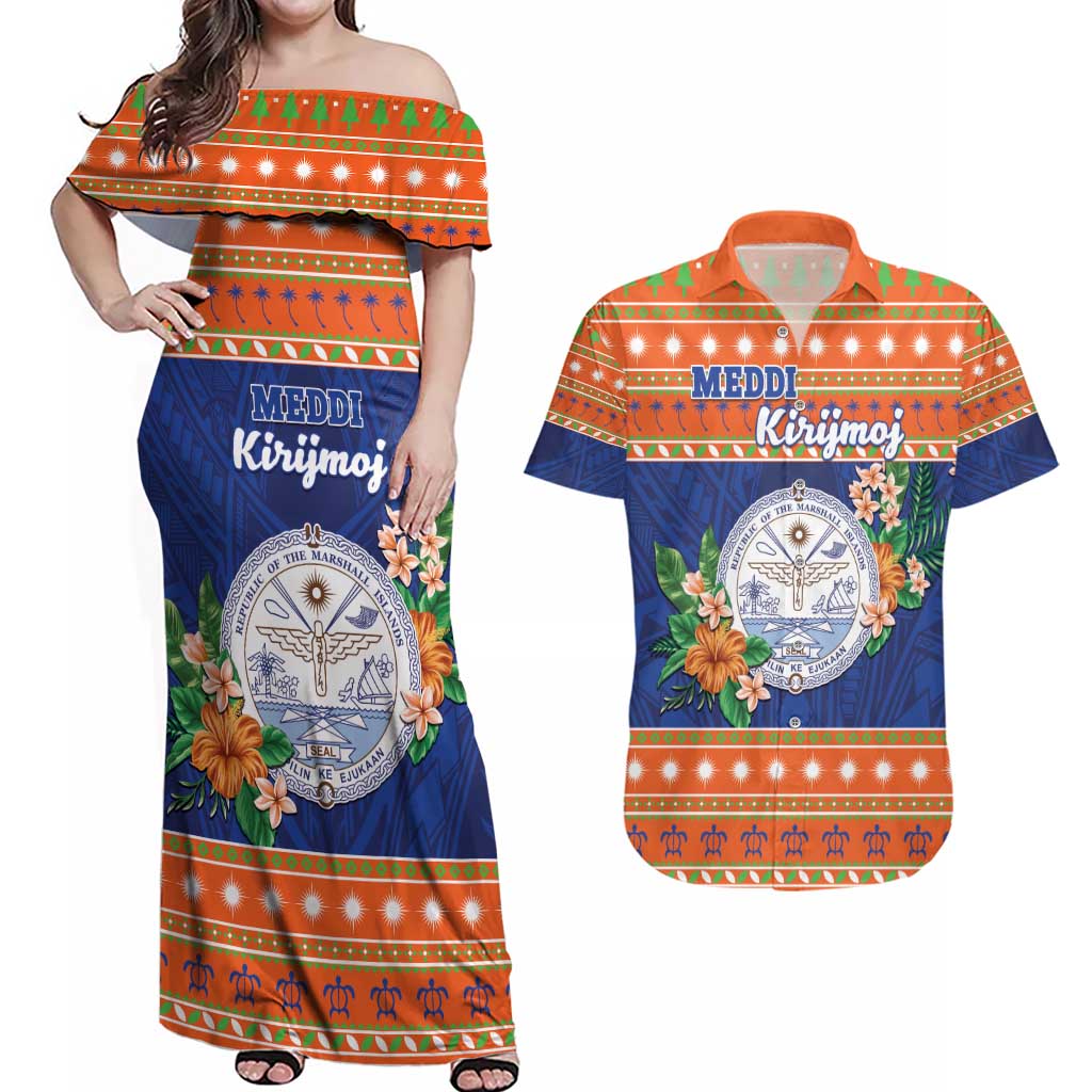 Marshall Islands Christmas Couples Matching Off Shoulder Maxi Dress and Hawaiian Shirt Marshallese Seal Meddi Kirijmoj LT05 Orange - Polynesian Pride