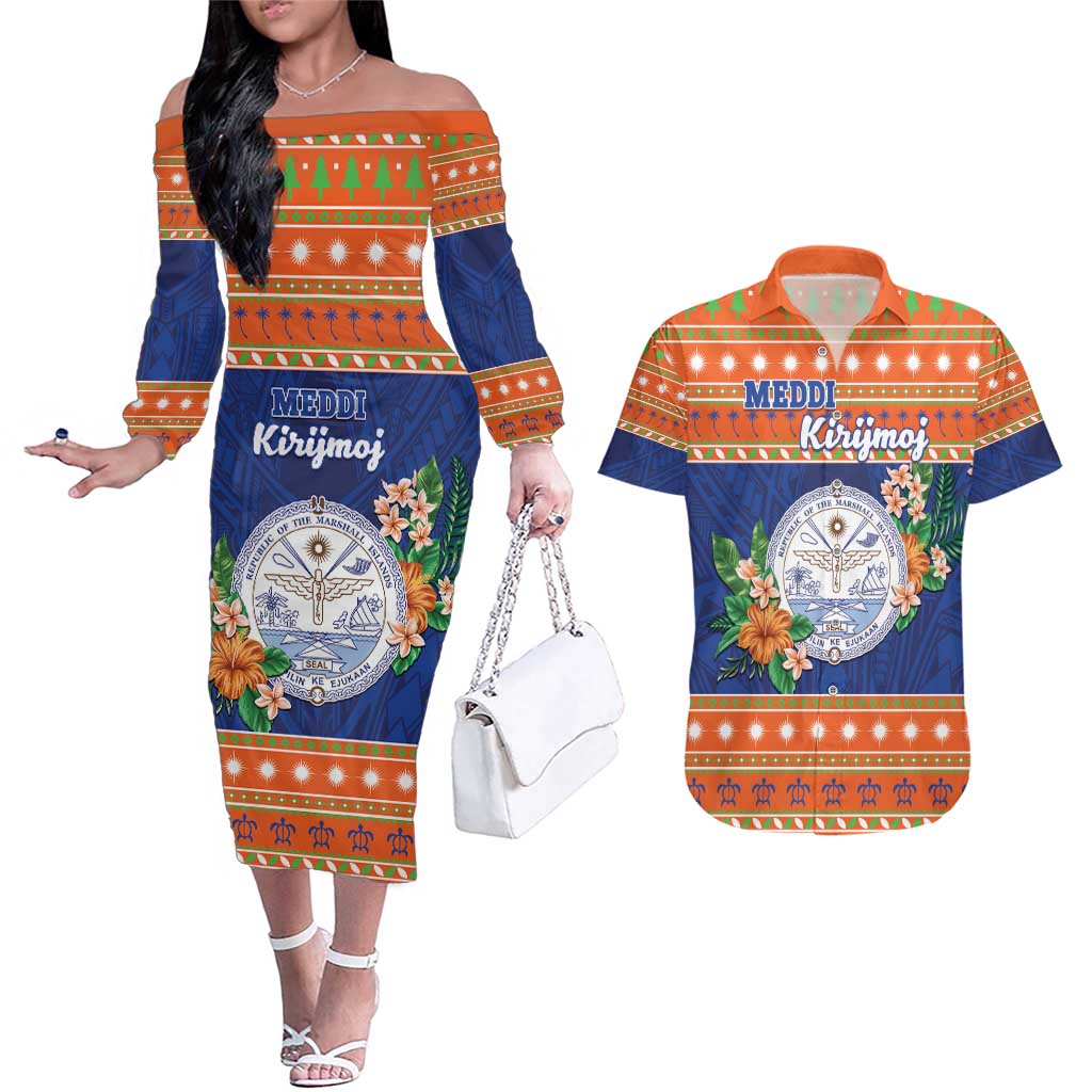 Marshall Islands Christmas Couples Matching Off The Shoulder Long Sleeve Dress and Hawaiian Shirt Marshallese Seal Meddi Kirijmoj