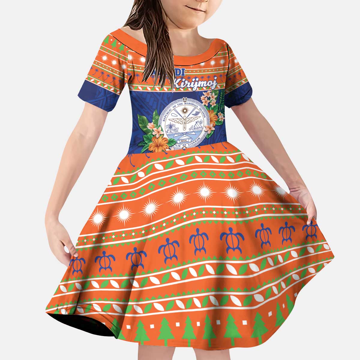 Marshall Islands Christmas Kid Short Sleeve Dress Marshallese Seal Meddi Kirijmoj LT05 KID Orange - Polynesian Pride