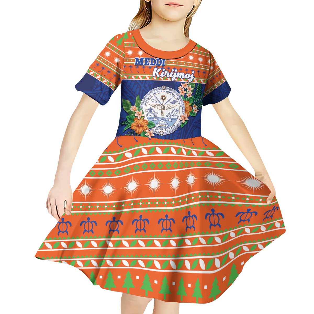 Marshall Islands Christmas Kid Short Sleeve Dress Marshallese Seal Meddi Kirijmoj LT05 - Polynesian Pride