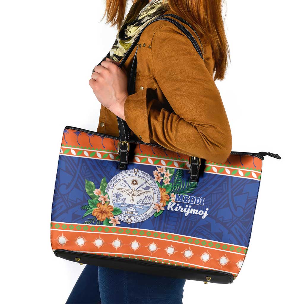 Marshall Islands Christmas Leather Tote Bag Marshallese Seal Meddi Kirijmoj LT05 Orange - Polynesian Pride