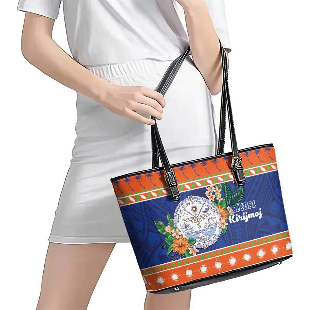 Marshall Islands Christmas Leather Tote Bag Marshallese Seal Meddi Kirijmoj LT05 - Polynesian Pride