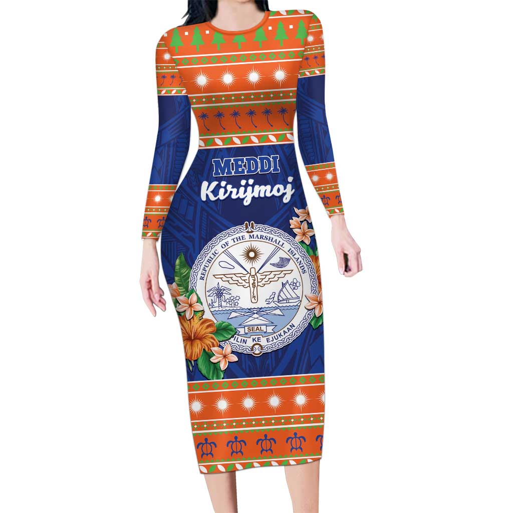 Marshall Islands Christmas Long Sleeve Bodycon Dress Marshallese Seal Meddi Kirijmoj