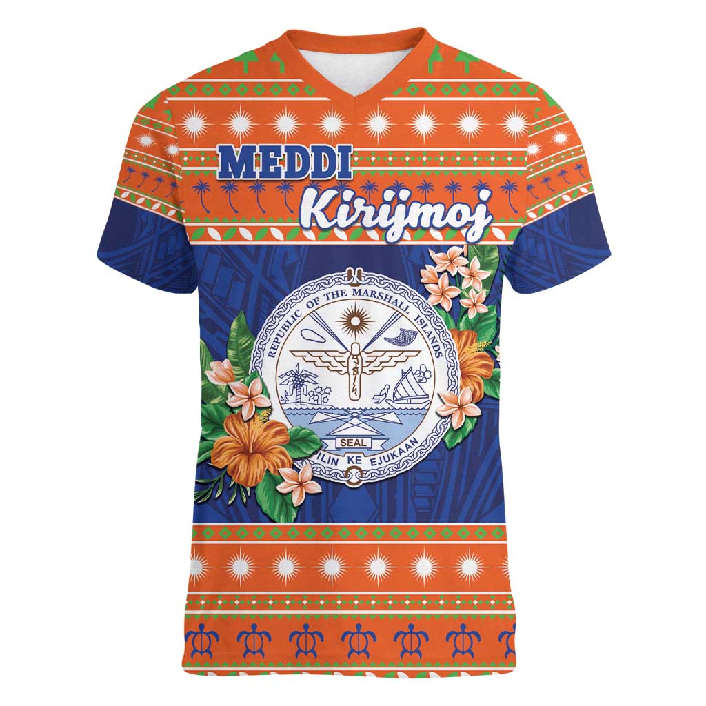 Marshall Islands Christmas Women V-Neck T-Shirt Marshallese Seal Meddi Kirijmoj LT05 Female Orange - Polynesian Pride