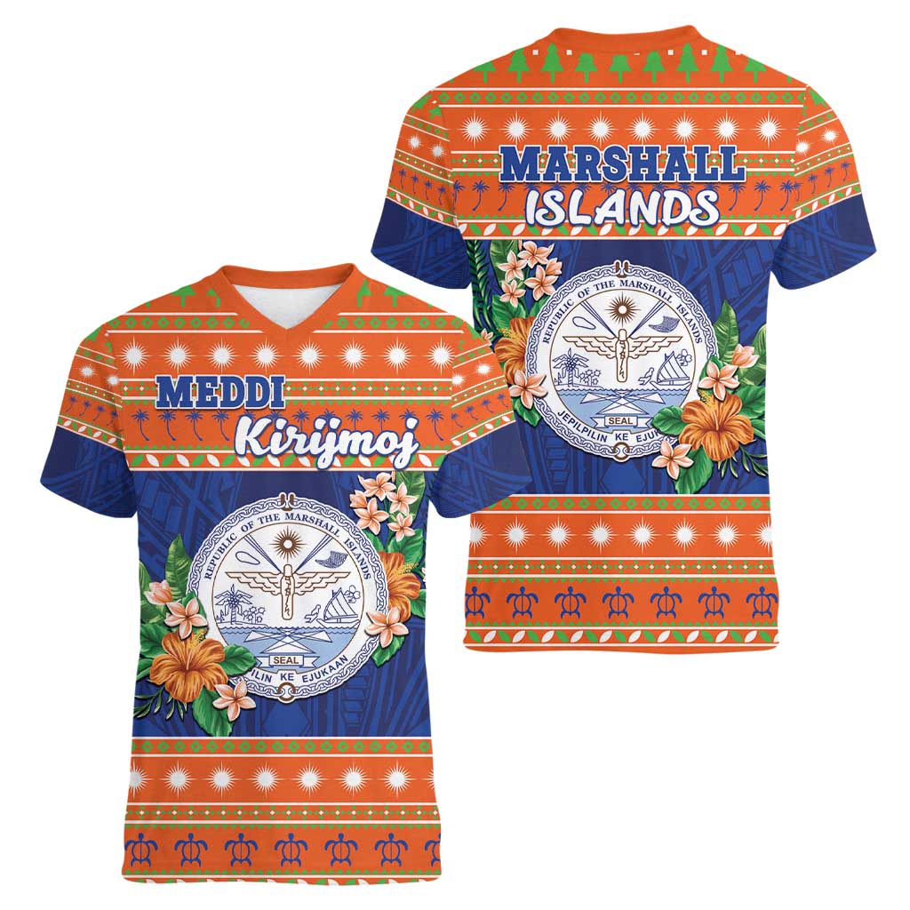 Marshall Islands Christmas Women V-Neck T-Shirt Marshallese Seal Meddi Kirijmoj LT05 - Polynesian Pride