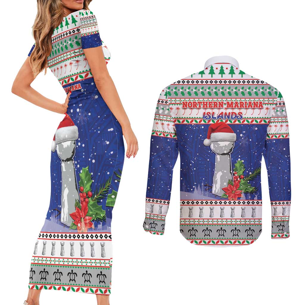 Northern Mariana Islands Christmas Couples Matching Short Sleeve Bodycon Dress and Long Sleeve Button Shirt Poinsettia Filis Pasgua