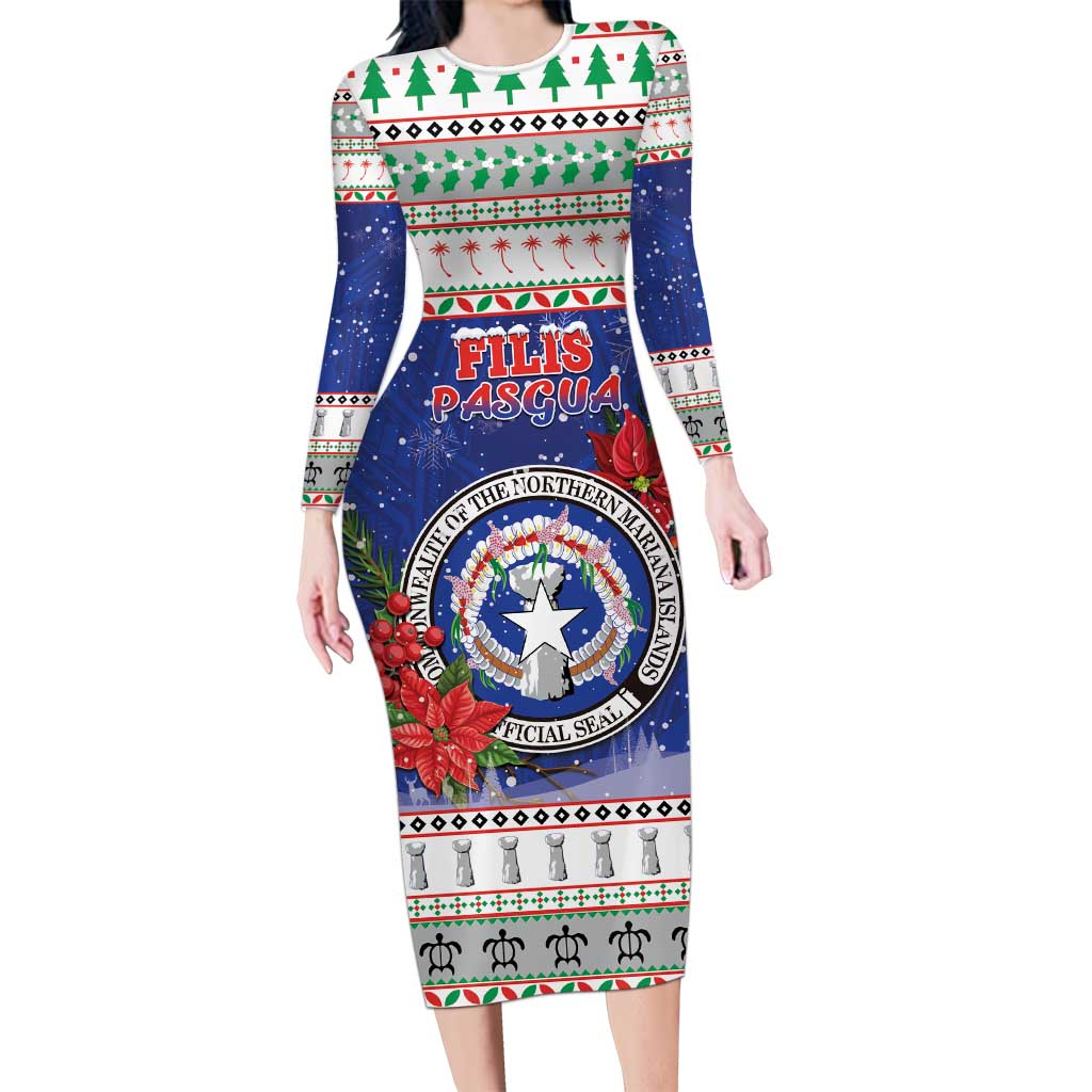 Northern Mariana Islands Christmas Family Matching Long Sleeve Bodycon Dress and Hawaiian Shirt Poinsettia Filis Pasgua