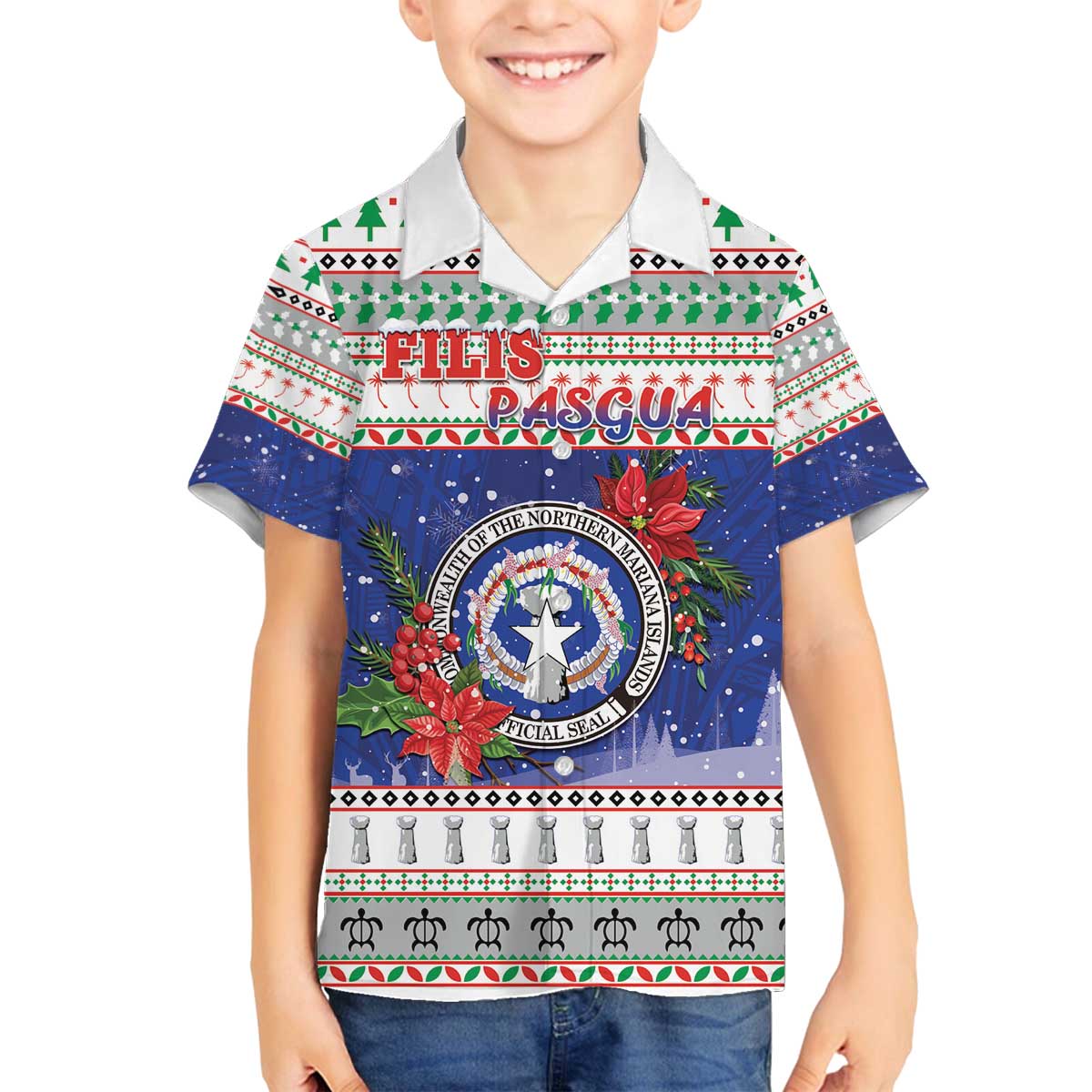 Northern Mariana Islands Christmas Family Matching Off The Shoulder Long Sleeve Dress and Hawaiian Shirt Poinsettia Filis Pasgua