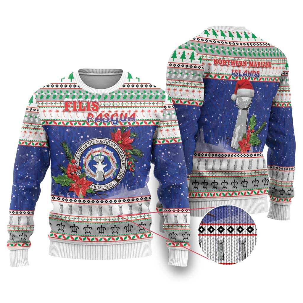 Northern Mariana Islands Christmas Ugly Christmas Sweater Poinsettia Filis Pasgua LT05 Blue - Polynesian Pride