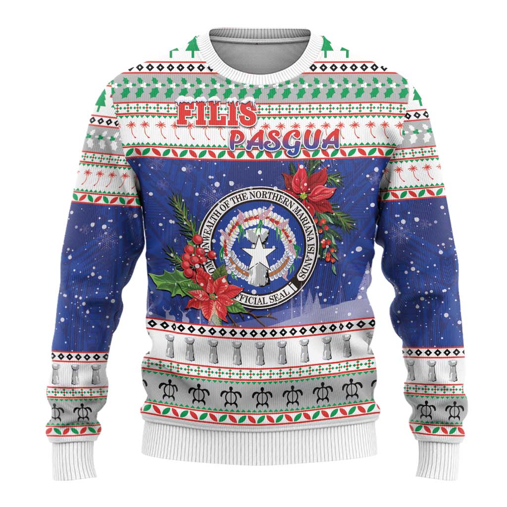 Northern Mariana Islands Christmas Ugly Christmas Sweater Poinsettia Filis Pasgua LT05 - Polynesian Pride