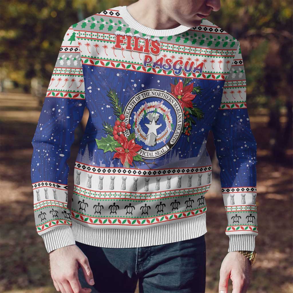 Northern Mariana Islands Christmas Ugly Christmas Sweater Poinsettia Filis Pasgua LT05 - Polynesian Pride