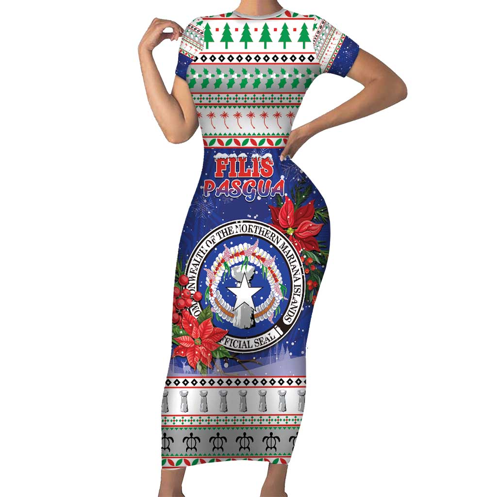 Northern Mariana Islands Christmas Short Sleeve Bodycon Dress Poinsettia Filis Pasgua