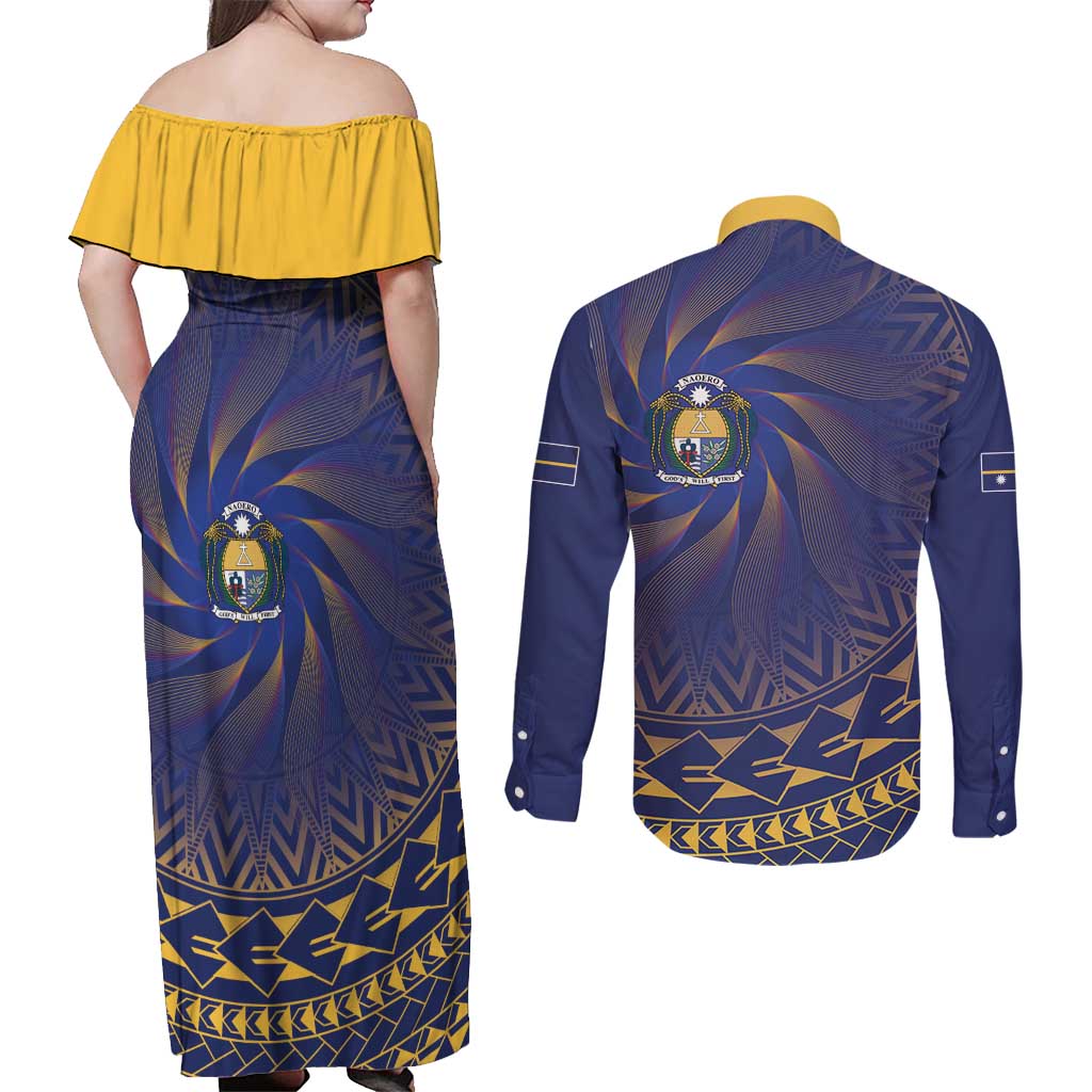 Nauru Angam Day Couples Matching Off Shoulder Maxi Dress and Long Sleeve Button Shirt Polynesian Tribal Pattern Unique Style - Polynesian Pride